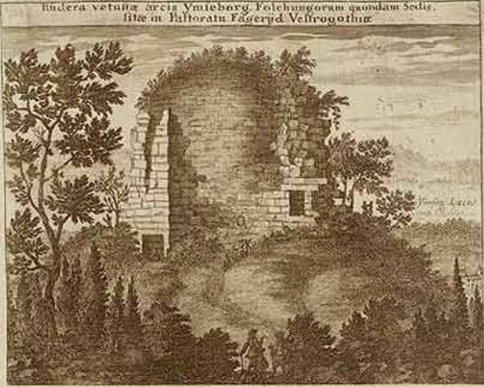 "Ruiner av den gamla folkungaborgen Ymseborg I Fägre Pastorat i Västergötland" Ur Erik Dahlbergs Suecia Antiqua et Hodierna